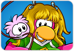 İp atlayan bir penguen ve pembe bir puffle