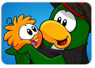 Turuncu puffle tutan koyu yeşil bir penguen